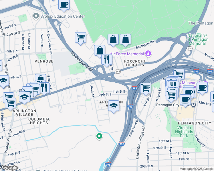 map of restaurants, bars, coffee shops, grocery stores, and more near 1625 10th Street South in Arlington