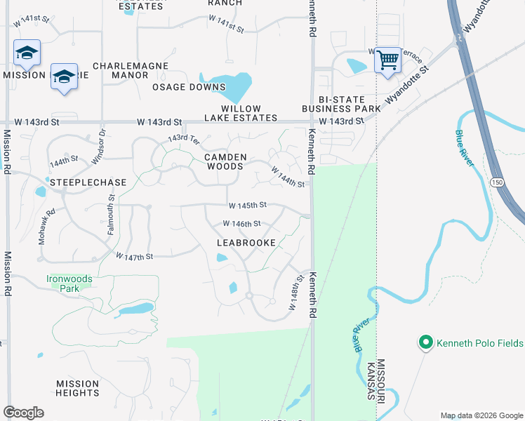 map of restaurants, bars, coffee shops, grocery stores, and more near 2621 West 145th Street in Overland Park