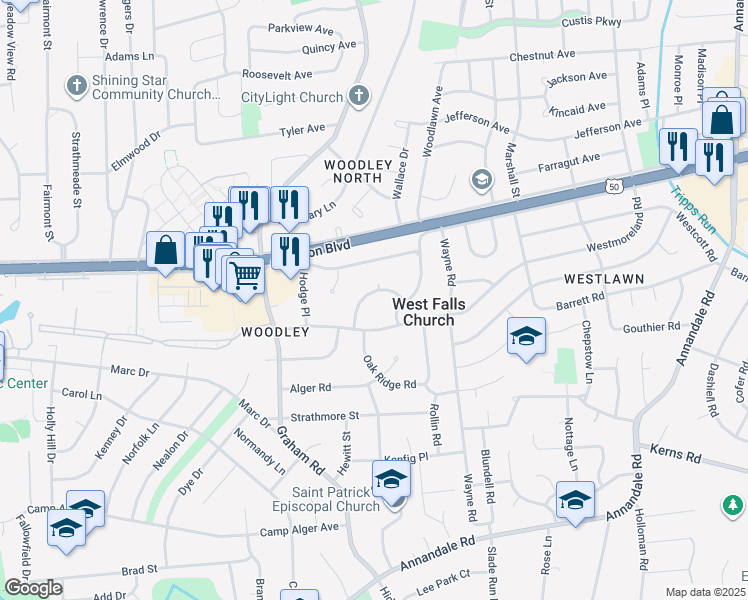 map of restaurants, bars, coffee shops, grocery stores, and more near 7134 Oak Ridge Road in Falls Church