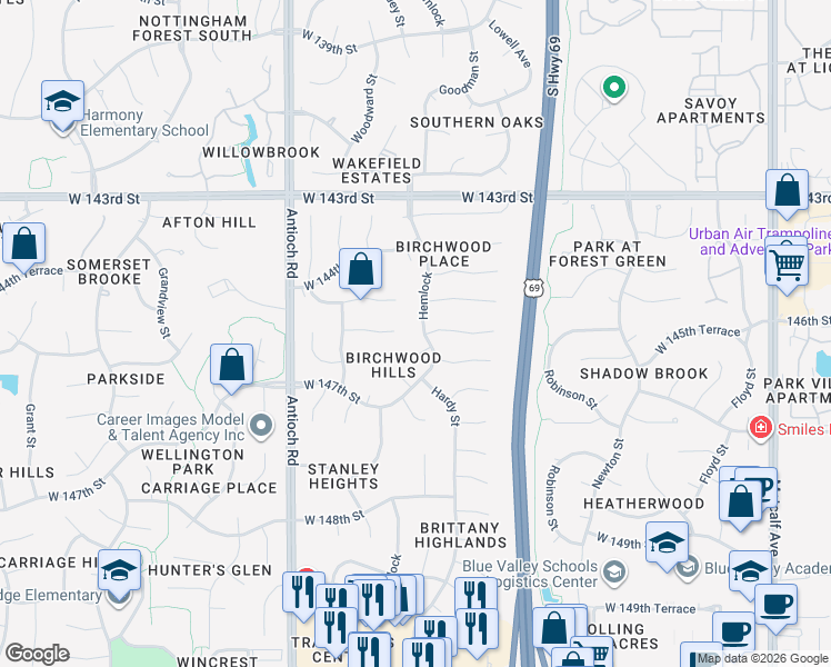map of restaurants, bars, coffee shops, grocery stores, and more near 14502 Hemlock in Overland Park