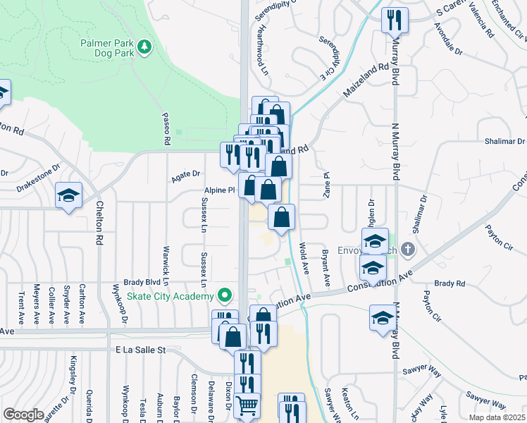 map of restaurants, bars, coffee shops, grocery stores, and more near 2212 Academy Place in Colorado Springs