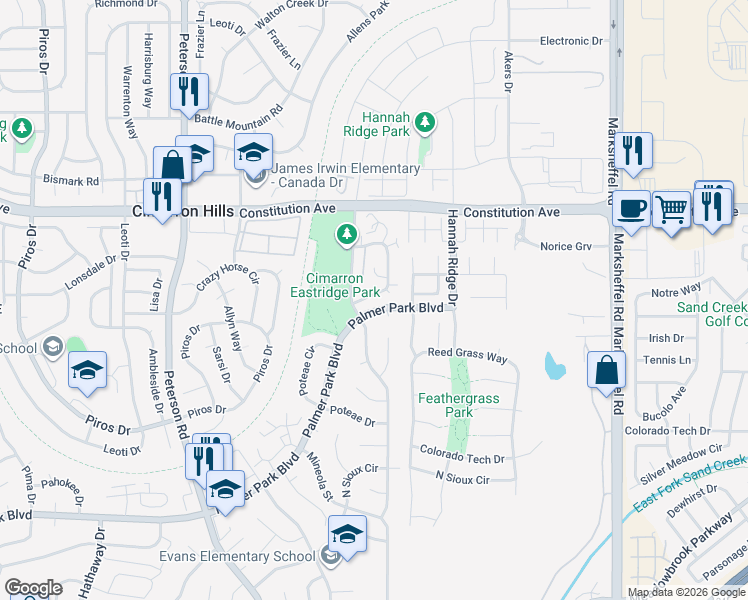 map of restaurants, bars, coffee shops, grocery stores, and more near 2351 Washo Circle in Colorado Springs