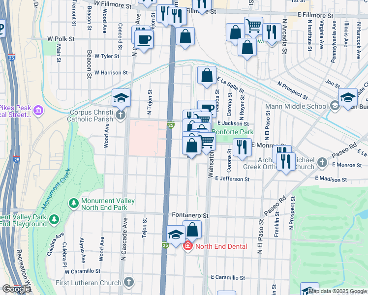 map of restaurants, bars, coffee shops, grocery stores, and more near 2252 North Weber Street in Colorado Springs