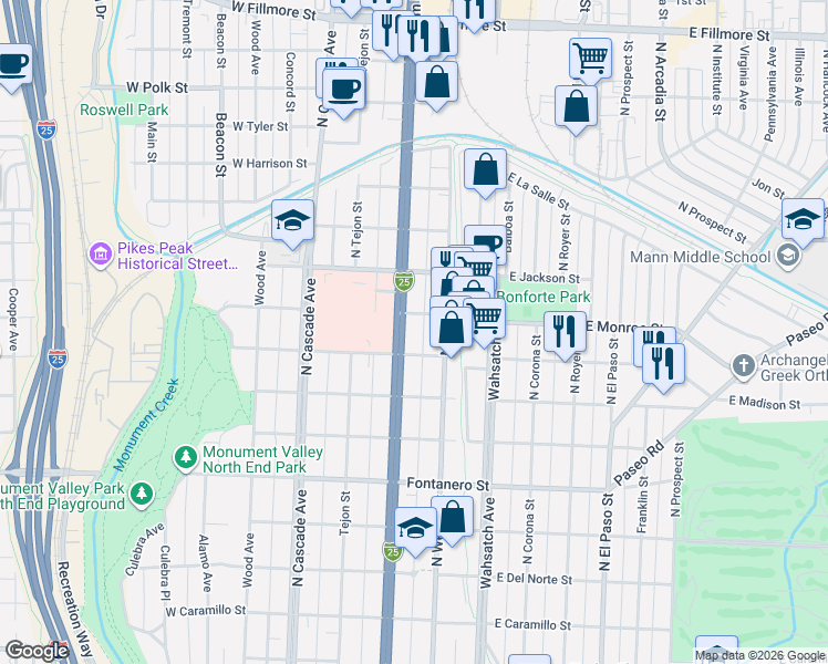 map of restaurants, bars, coffee shops, grocery stores, and more near 2219 North Nevada Avenue in Colorado Springs