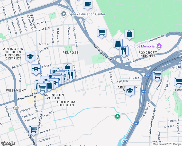map of restaurants, bars, coffee shops, grocery stores, and more near 1957 Columbia Pike in Arlington