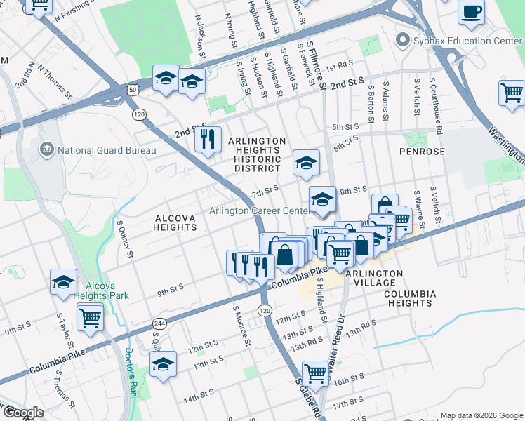 map of restaurants, bars, coffee shops, grocery stores, and more near 713 South Glebe Road in Arlington