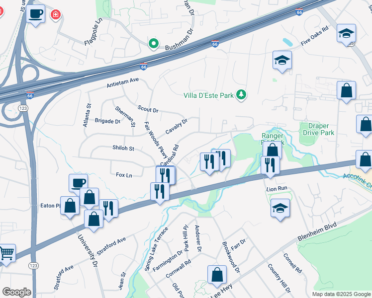 map of restaurants, bars, coffee shops, grocery stores, and more near 10138 Fair Woods Drive in Fairfax