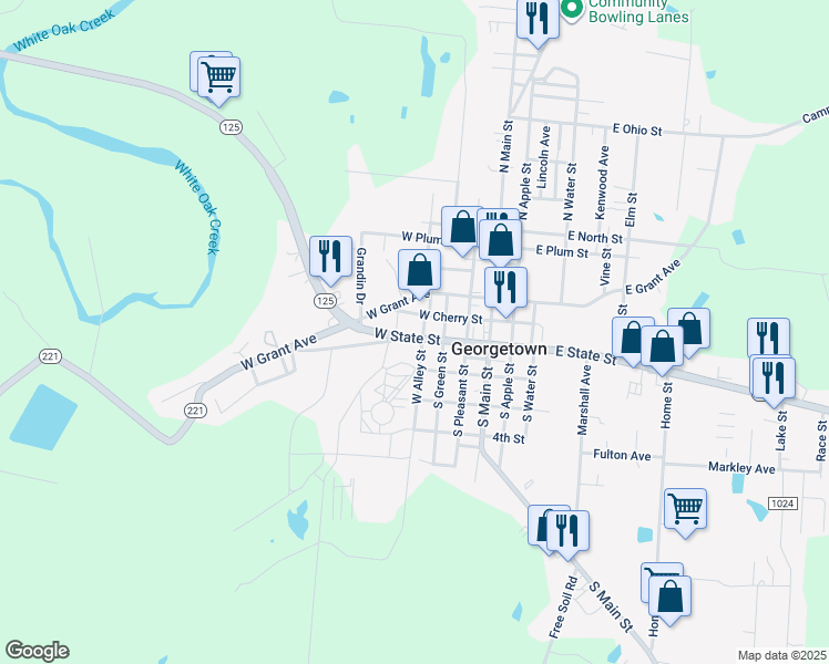 map of restaurants, bars, coffee shops, grocery stores, and more near 200 South Green Street in Georgetown