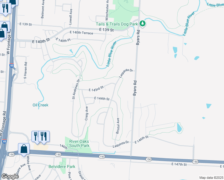 map of restaurants, bars, coffee shops, grocery stores, and more near 14308 Laquinta Drive in Grandview