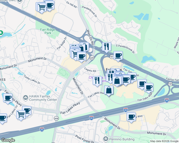 map of restaurants, bars, coffee shops, grocery stores, and more near 4153 Legato Road in Fairfax
