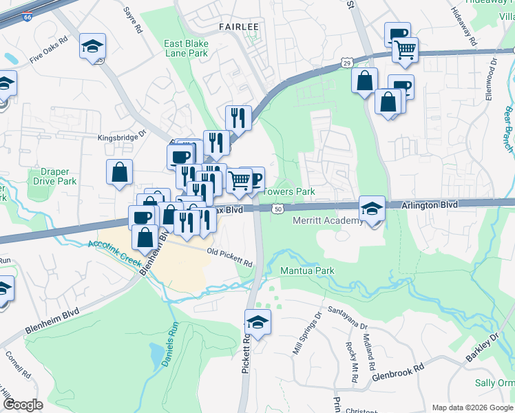 map of restaurants, bars, coffee shops, grocery stores, and more near Fairfax Blvd & Pickett Rd in Fairfax