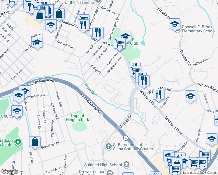 map of restaurants, bars, coffee shops, grocery stores, and more near 5113 Cranmer Way in Capitol Heights