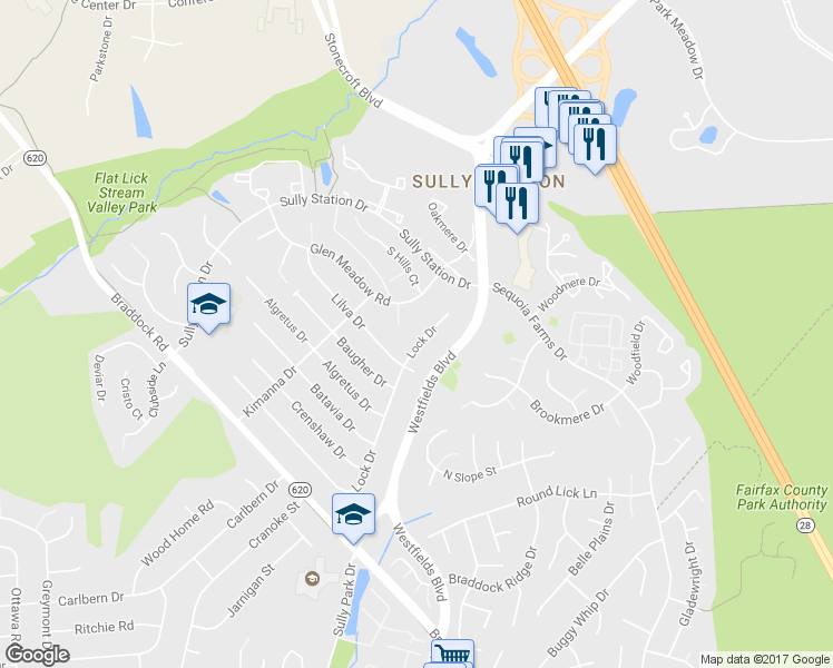 map of restaurants, bars, coffee shops, grocery stores, and more near 14522 Lock Drive in Centreville