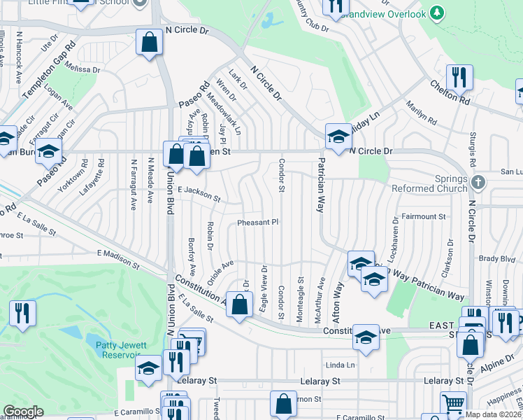 map of restaurants, bars, coffee shops, grocery stores, and more near 2316 Eagle View Drive in Colorado Springs