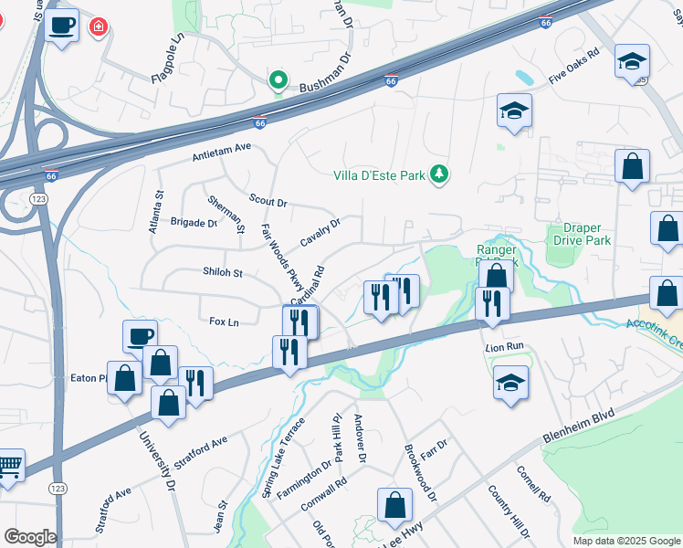 map of restaurants, bars, coffee shops, grocery stores, and more near 10136 Fair Woods Drive in Fairfax