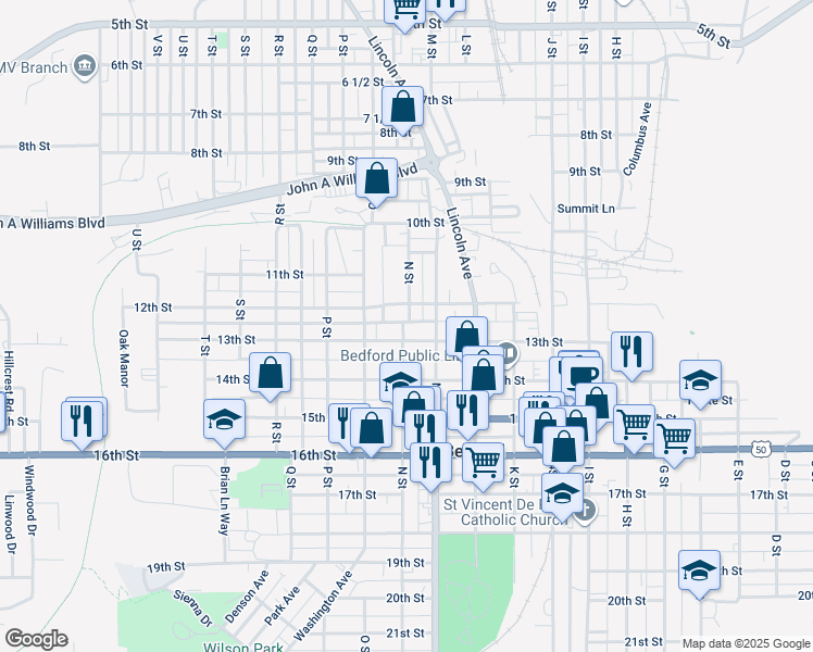 map of restaurants, bars, coffee shops, grocery stores, and more near 1220 N St in Bedford