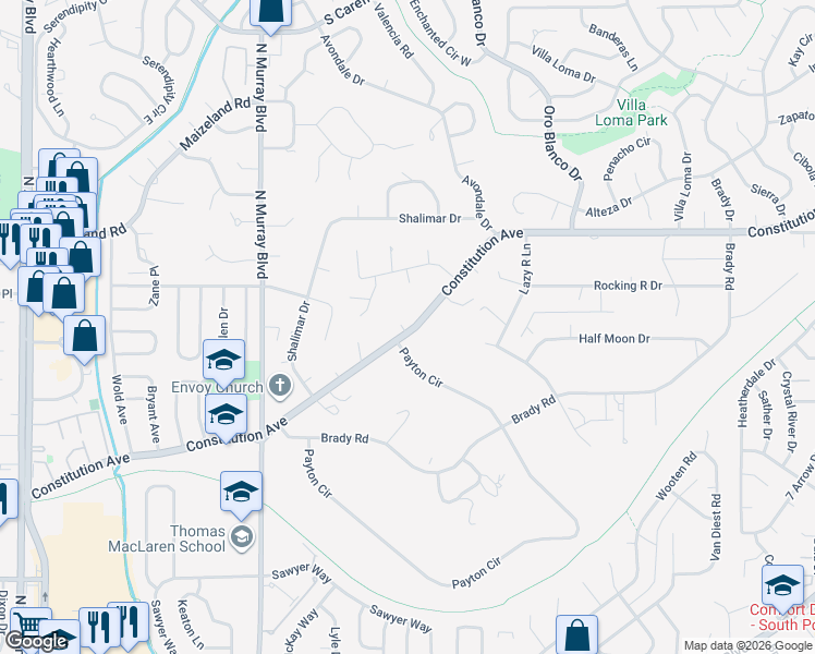 map of restaurants, bars, coffee shops, grocery stores, and more near 2205 Oakridge Lane in Colorado Springs