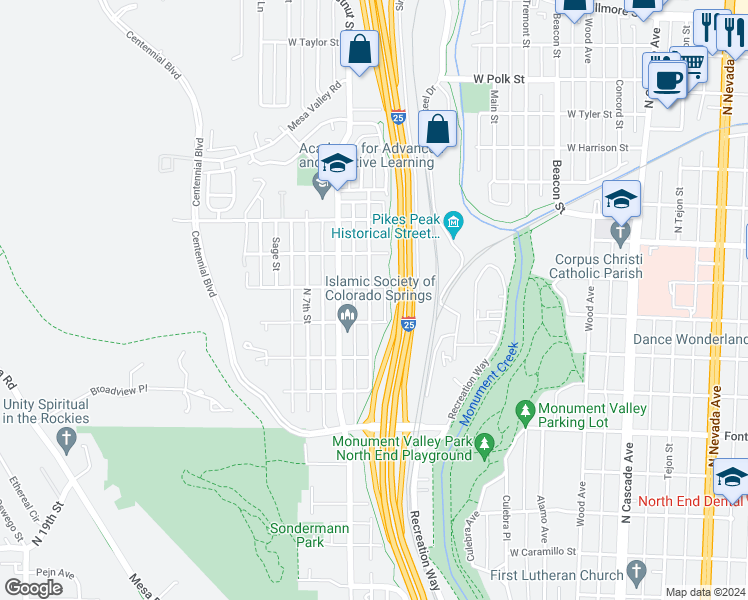 map of restaurants, bars, coffee shops, grocery stores, and more near 2221 Cooper Avenue in Colorado Springs