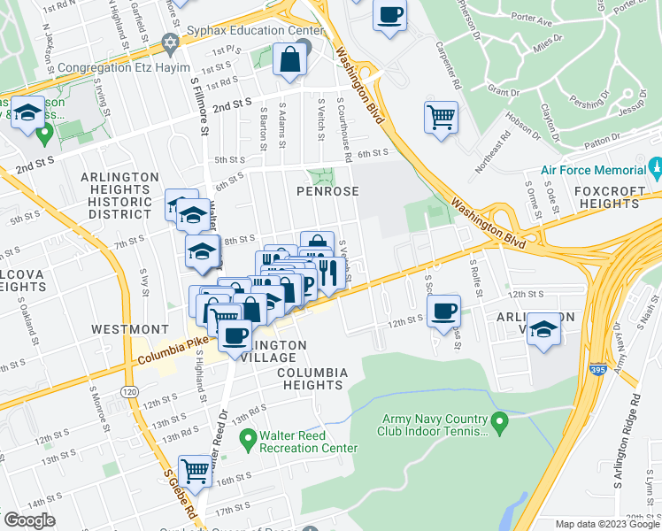 map of restaurants, bars, coffee shops, grocery stores, and more near 841 South Wayne Street in Arlington