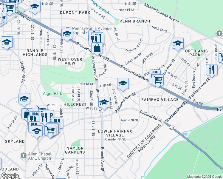 map of restaurants, bars, coffee shops, grocery stores, and more near 2021 36th Street Southeast in Washington