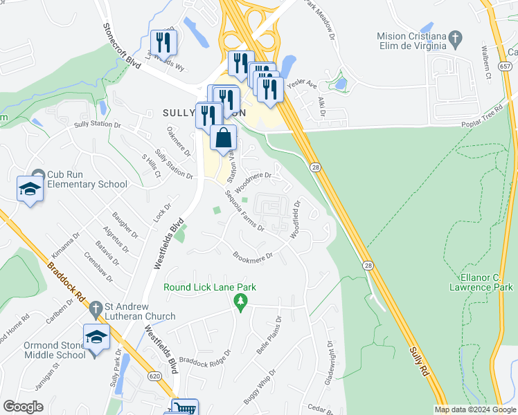 map of restaurants, bars, coffee shops, grocery stores, and more near 5126 Castle Harbor Way in Centreville