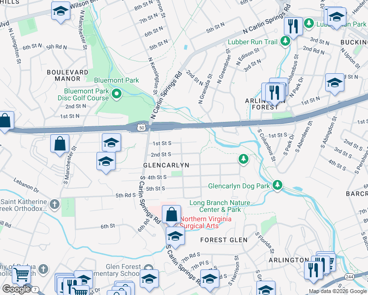 map of restaurants, bars, coffee shops, grocery stores, and more near 107 South Kensington Street in Arlington