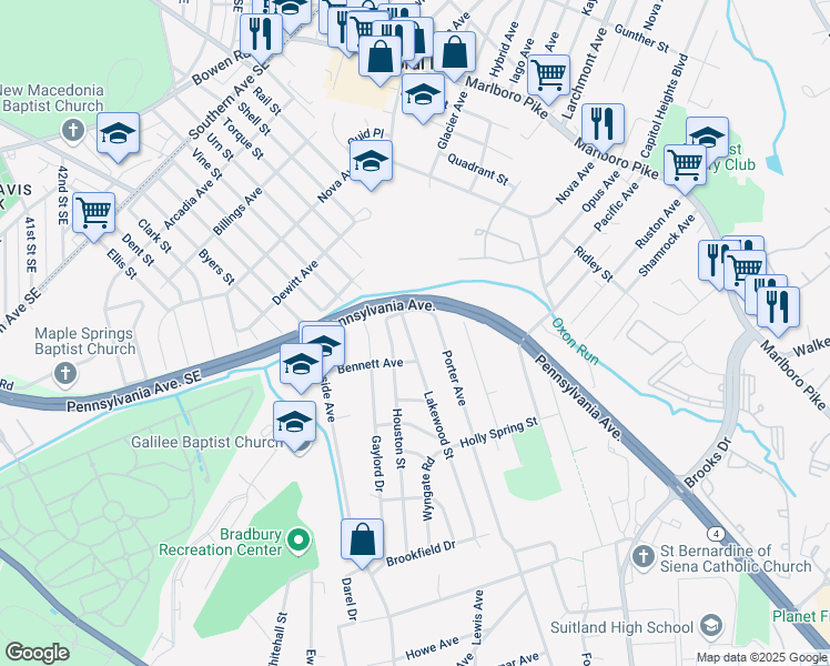 map of restaurants, bars, coffee shops, grocery stores, and more near 1918 Lakewood Street in Hillcrest Heights
