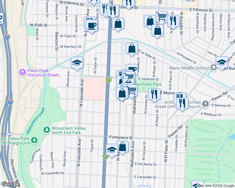 map of restaurants, bars, coffee shops, grocery stores, and more near 2252 North Weber Street in Colorado Springs