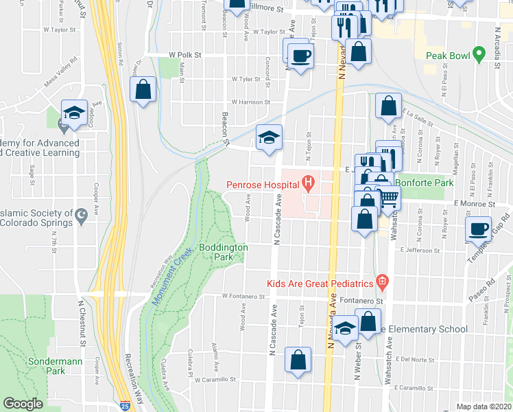 map of restaurants, bars, coffee shops, grocery stores, and more near 2215 Wood Avenue in Colorado Springs