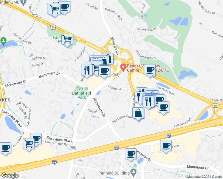 map of restaurants, bars, coffee shops, grocery stores, and more near 4163 Legato Road in Fairfax