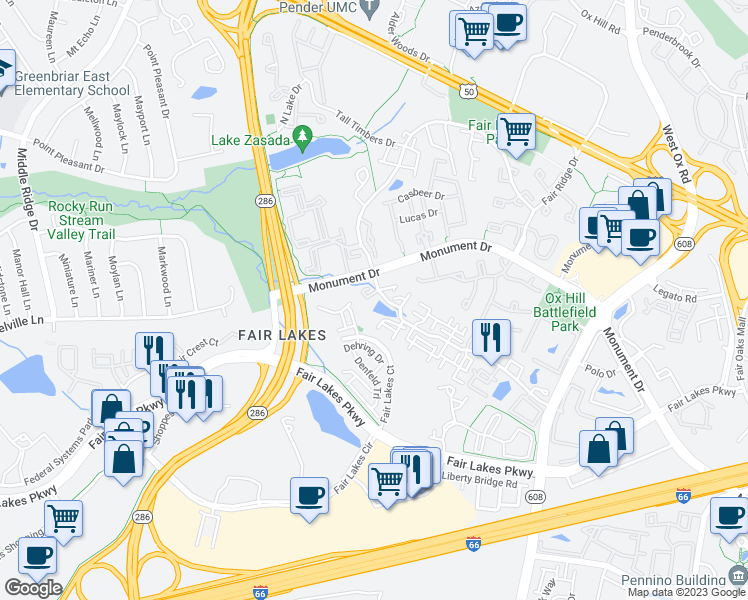 map of restaurants, bars, coffee shops, grocery stores, and more near 4351 Wilson Valley Drive in Fairfax
