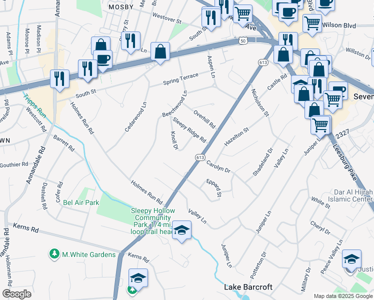 map of restaurants, bars, coffee shops, grocery stores, and more near 3120 Knoll Drive in Falls Church