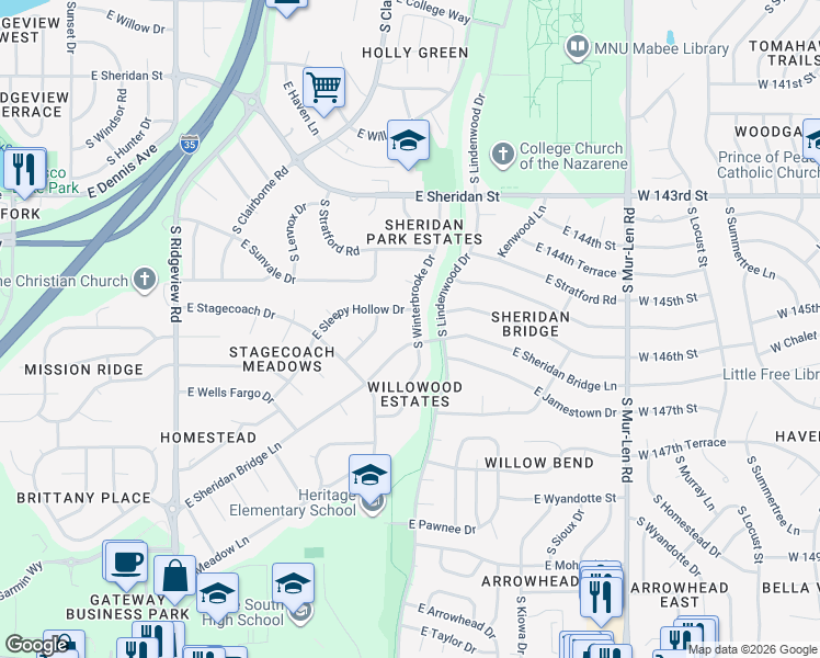 map of restaurants, bars, coffee shops, grocery stores, and more near 1209 South Winterbrooke Drive in Olathe