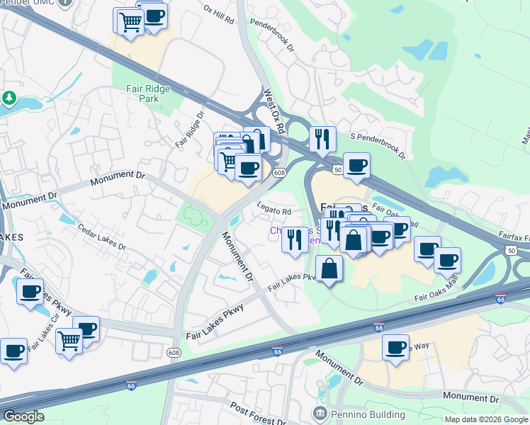 map of restaurants, bars, coffee shops, grocery stores, and more near 4165 Legato Road in Fairfax