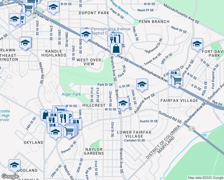 map of restaurants, bars, coffee shops, grocery stores, and more near 2008 32nd Place Southeast in Washington