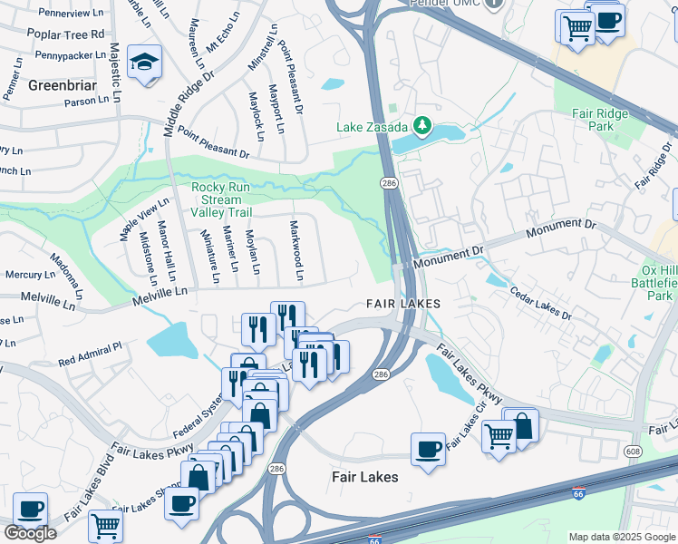 map of restaurants, bars, coffee shops, grocery stores, and more near 12720 Melville Lane in Fairfax