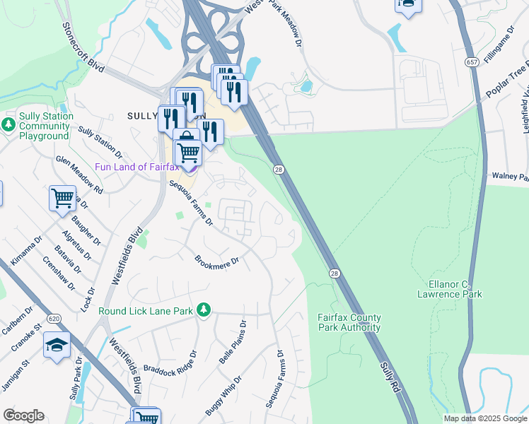 map of restaurants, bars, coffee shops, grocery stores, and more near 5161 Woodfield Drive in Centreville