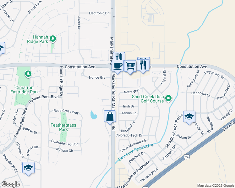 map of restaurants, bars, coffee shops, grocery stores, and more near 1655 Bucolo Avenue in Colorado Springs