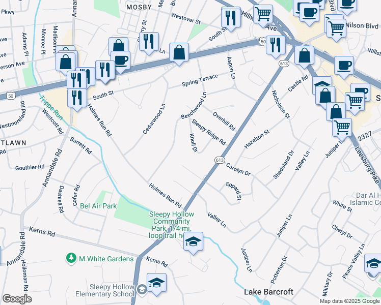 map of restaurants, bars, coffee shops, grocery stores, and more near 3104 Knoll Drive in Falls Church