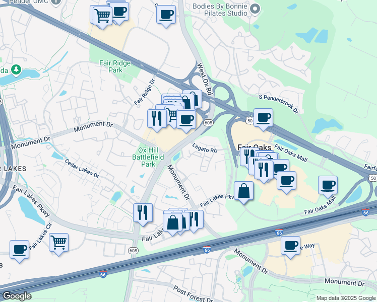map of restaurants, bars, coffee shops, grocery stores, and more near 12190 Waveland Street in Fairfax