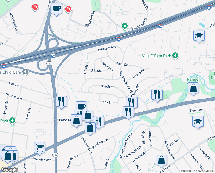 map of restaurants, bars, coffee shops, grocery stores, and more near Shiloh Street in Fairfax