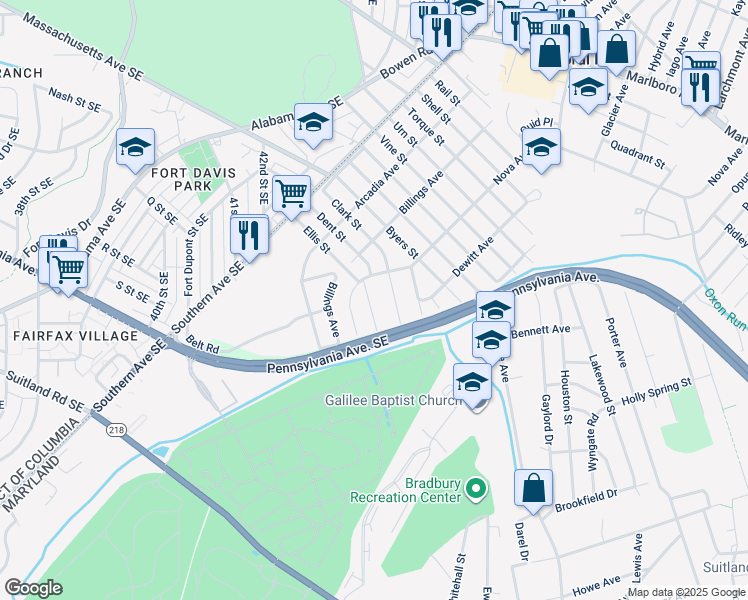 map of restaurants, bars, coffee shops, grocery stores, and more near 4108 Ellis Street in Capitol Heights