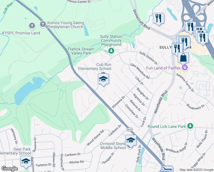 map of restaurants, bars, coffee shops, grocery stores, and more near 5301 Sully Station Drive in Centreville