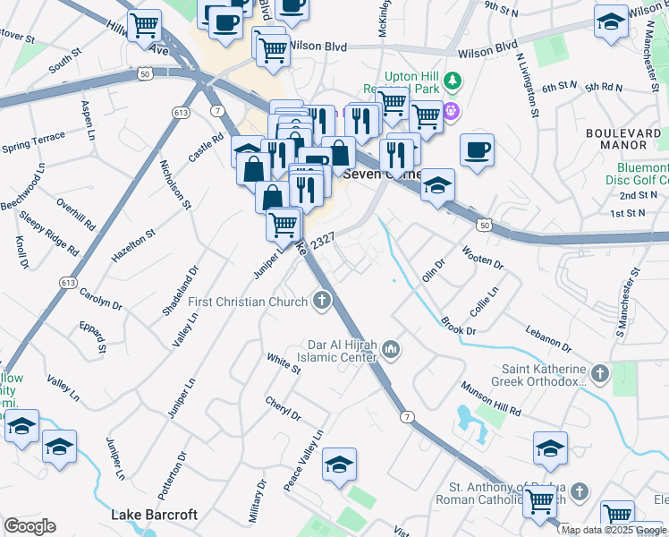 map of restaurants, bars, coffee shops, grocery stores, and more near 3077 Patrick Henry Drive in Falls Church