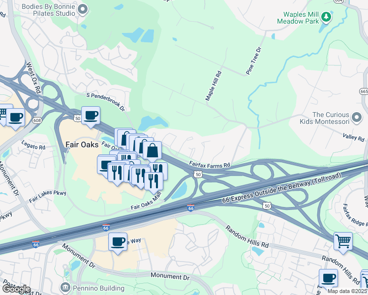 map of restaurants, bars, coffee shops, grocery stores, and more near 3943 Kathryn Jean Court in Fairfax