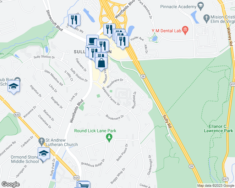map of restaurants, bars, coffee shops, grocery stores, and more near 5130 Castle Harbor Way in Centreville