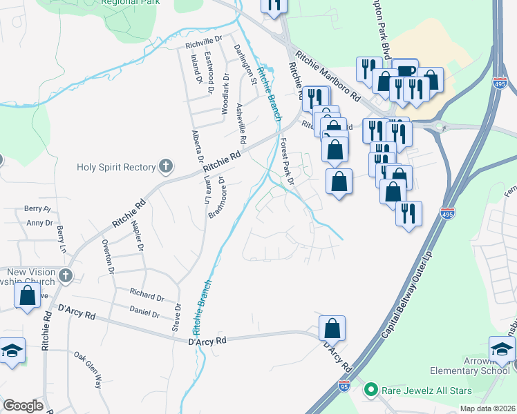 map of restaurants, bars, coffee shops, grocery stores, and more near 1739 Tulip Avenue in District Heights