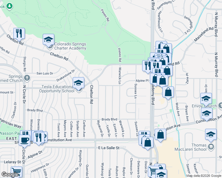map of restaurants, bars, coffee shops, grocery stores, and more near 2220 Essex Lane in Colorado Springs