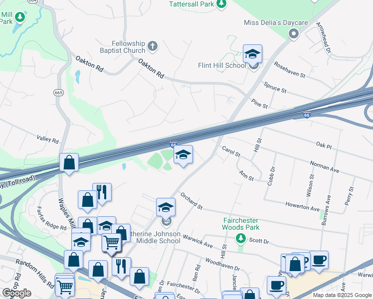 map of restaurants, bars, coffee shops, grocery stores, and more near 10917 Marilta Court in Fairfax