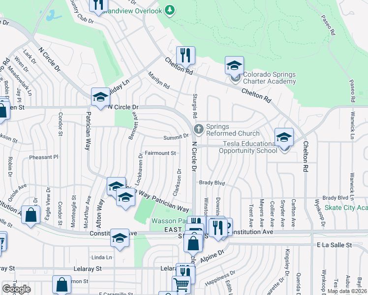 map of restaurants, bars, coffee shops, grocery stores, and more near 2305 Clarkson Drive in Colorado Springs